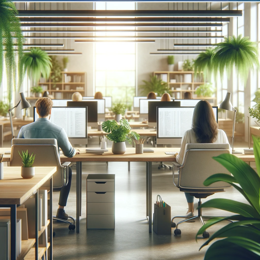 Ufficio con persone e piante, generato da DALL-E